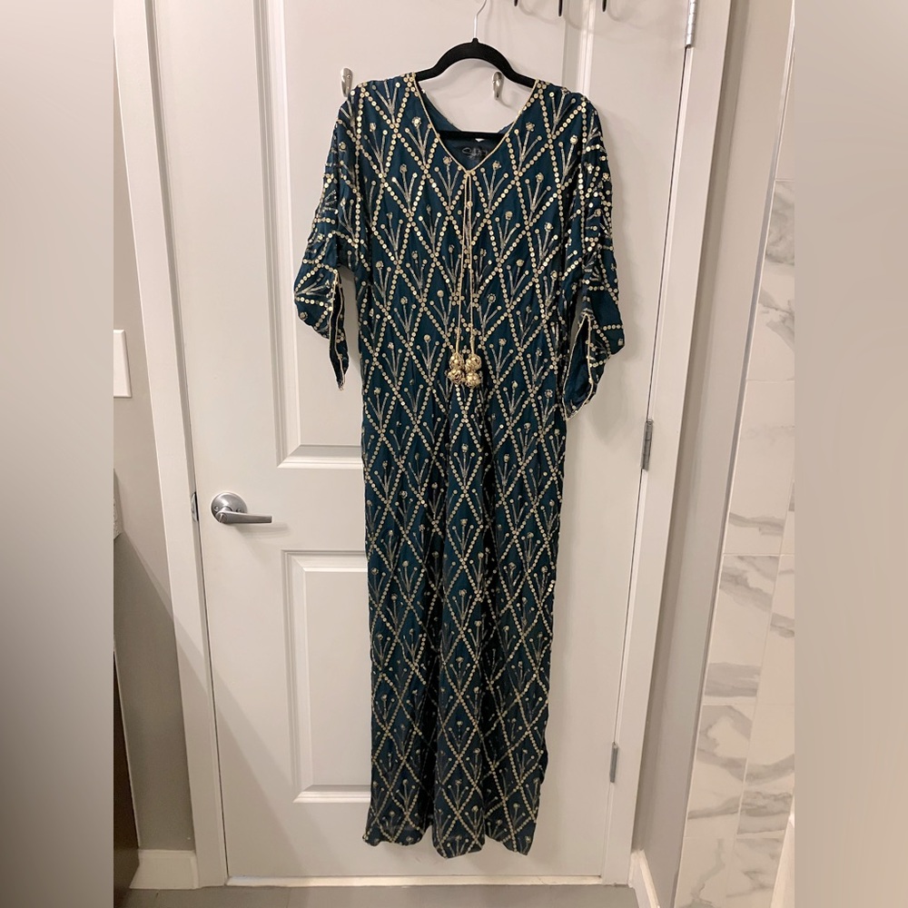 Green and Gold Sequin Embroidered Kaftan Dress - Picture 2 of 3